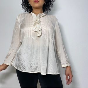 Prize Women’s L White Silk Blend Semi Sheer Satin Ruffle Button Front Top Blouse